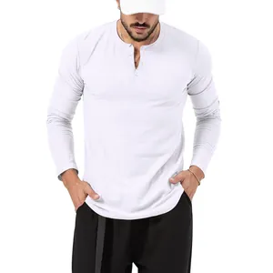 Front view of a slim fit white long-sleeved Henley t-shirt for men on a model