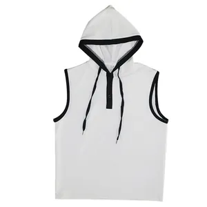Front view of white sleeveless hoodie with black contrast trim for men's casual wear