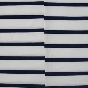 Close-up detail of navy blue and white horizontal striped breathable fabric for men's casual T-shirt