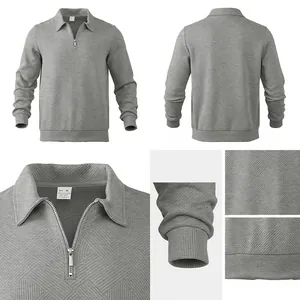 Close-up views of grey textured jacquard men's zip polo sweatshirt with fabric details