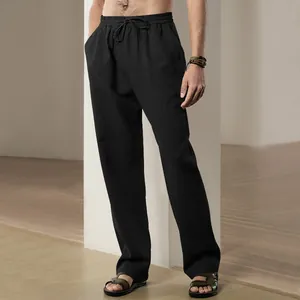 Men's loose breathable black cotton linen wide-leg casual pants with drawstring waist