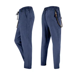 Détails du pantalon décontracté pour hommes en lin bleu respirant avec cordon décoratif.