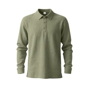 Close-up showing fabric texture of men's sage green long-sleeved linen-blend polo shirt