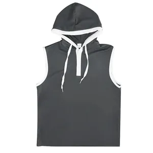 Front view detail of a charcoal gray men's sleeveless hoodie with white trim