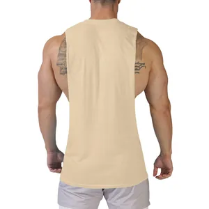 Back view of a beige men's sleeveless fitness tank top for bodybuilding and sports