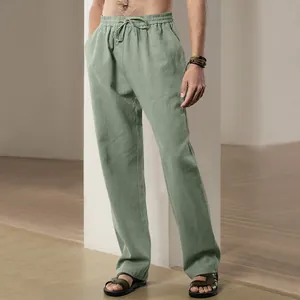 Men's loose breathable linen trousers in sage green with elastic drawstring waist