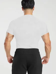 Back view of men's athletic white quick-dry short sleeve T-shirt for fitness gym