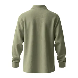 Back view of a sage green long-sleeve linen polo shirt with detailed fabric texture.