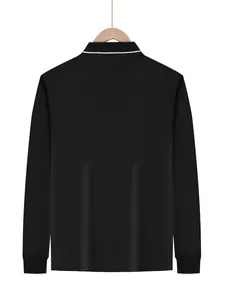 Back view of men's black long-sleeve quick-dry polo shirt with white trim detailing