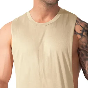 Detailed close-up of a khaki sleeveless gym tank top for men featuring breathable fabric