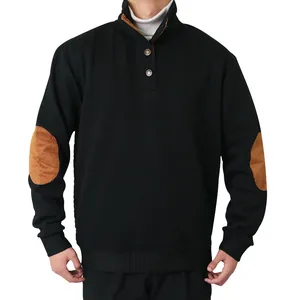 Herren Polyester Waffelstrick Pullover Sweatshirt Langarm Patchwork Henley Top Mit Ellbogen-Patches Retro Freizeit Kleidung