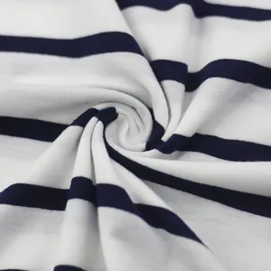 Macro view of navy and white striped breathable quick-dry fabric for men's casual t-shirt