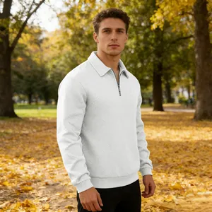 Detailed close-up view of white men's long sleeve polo sweatshirt with textured jacquard design