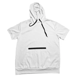 Close-up of white waffle knit men's hooded short-sleeve T-shirt with black accents