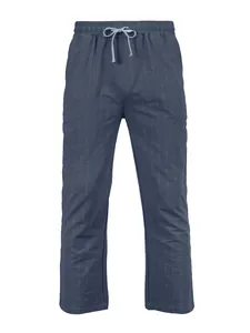 Vue de face du pantalon d'été en lin rayé bleu marine pour homme avec cordon.