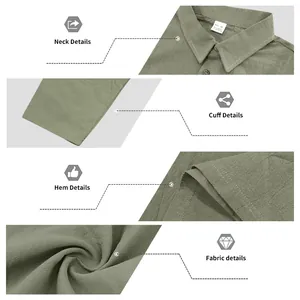 Detailed views of men's linen polo shirt including neck, cuff, hem, and fabric texture.
