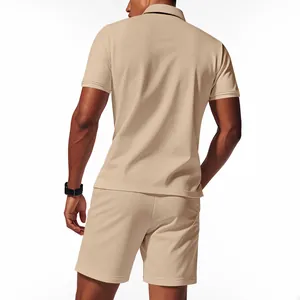Detailed back view of men's summer beige waffle knit polo shirt and matching shorts