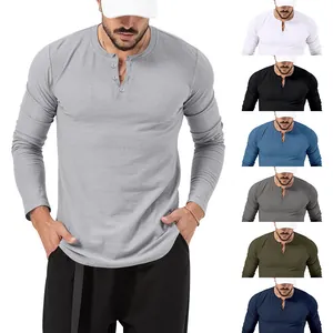 Men Retro Henley Shirt Slim Fit Long Sleeve T-Shirt Solid Color Polyester Casual Muscle Top