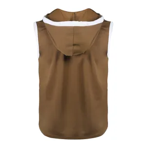 Back view of a casual brown men's sleeveless hooded t-shirt with white trim accents