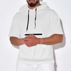 Close-up view of premium white waffle knit fabric on men's casual hooded short sleeve t-shirt