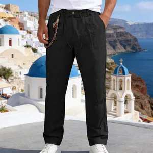 Pantalon en lin noir pour homme avec taille à cordon et coupe droite décontractée