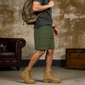 Side view of men's olive green cargo shorts with large flap pockets and drawstrings