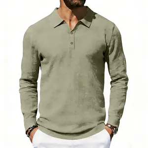 Detail view of men's linen long-sleeve polo shirt in olive green, showing fabric texture