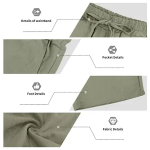 Close-up of waistband, pocket, hem, and fabric texture of men's linen beach shorts.