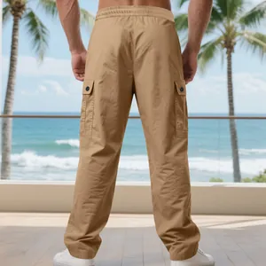 Back view of premium men's khaki quick-dry cargo pants featuring large side pockets for summer