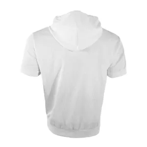 Back view of a men's white hooded short-sleeve t-shirt showing waffle knit texture.