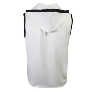 Rear view of white men's hooded vest with black trim and breathable fabric texture