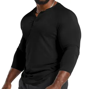 Slim-fit men's long-sleeve black Henley shirt featuring a vintage button placket.