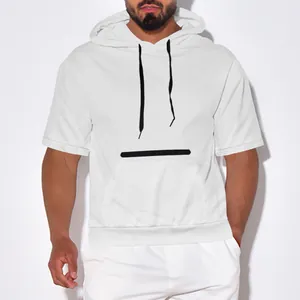 Close-up of white men's short-sleeved hoodie featuring a minimalist black bar design detail