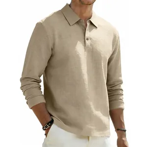 Men's khaki linen-look long sleeve polo shirt featuring a breathable fabric texture