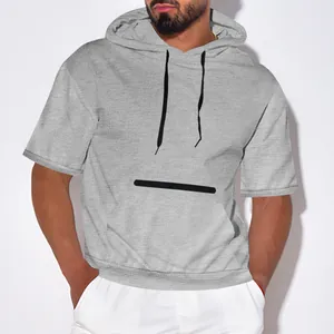 Close-up detail of men's casual grey hooded short sleeve t-shirt with black drawstrings