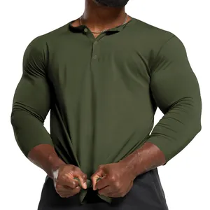 Premium men's army green long sleeve Henley slim fit muscle shirt for athletic build