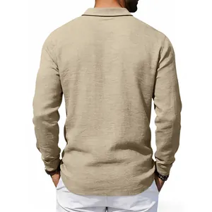 Back view of a men's breathable linen-blend long sleeve polo shirt in khaki.