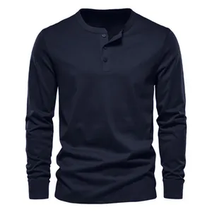 Classic navy blue men's long sleeve Henley t-shirt with three-button placket