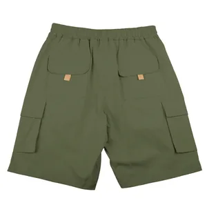 Rear view of men's army green cargo shorts featuring a functional multi-pocket design
