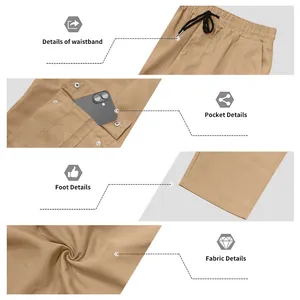 Detailed views of men's quick-dry cargo pants waistband, pocket, and fabric texture