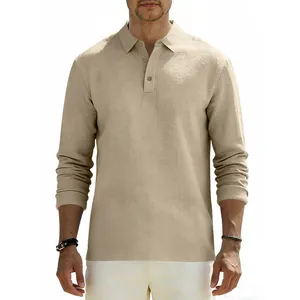 Classic men's long-sleeve linen polo shirt in beige featuring breathable textured fabric