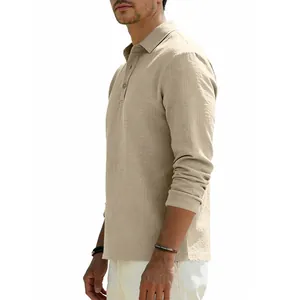 Detail side profile of a men's breathable khaki linen polo shirt with long sleeves