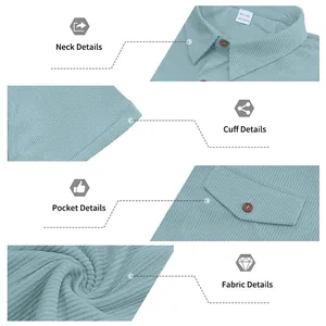 Detaillierte Nahaufnahme von Kragen, Tasche und Cord-Stoffstruktur des hellblauen Poloshirts.