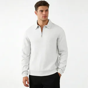 Men's white textured quarter-zip sweatshirt with a refined jacquard pattern and lapel