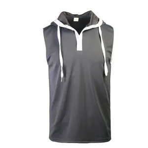 Front view of a men's grey sleeveless hooded gym vest featuring white drawstring details