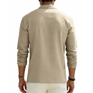 Back view of men's linen long sleeve polo shirt showing fabric texture and beige color