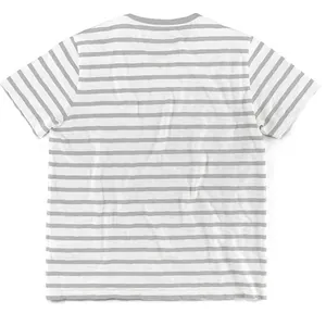 Macro view of the back of a grey and white horizontal striped short-sleeved T-shirt