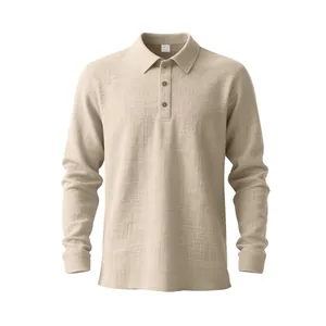 Detailed view of breathable linen men's long-sleeve polo shirt with three-button collar