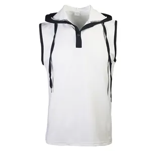 Close-up front view of a white sleeveless hooded tank top with black contrast trim