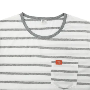 Close-up detail of men's casual striped T-shirt with grey ribbed neck and chest pocket